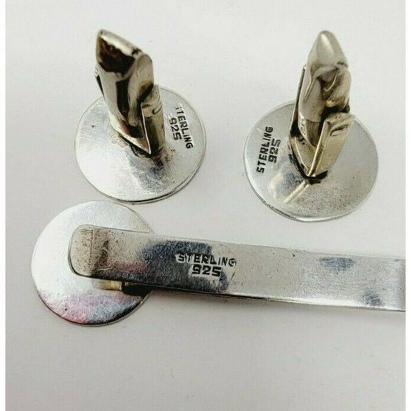 Vintage Sterling 925 Round Men’s Cuff Links and tie Bar Mexican style - Picture 2 of 4